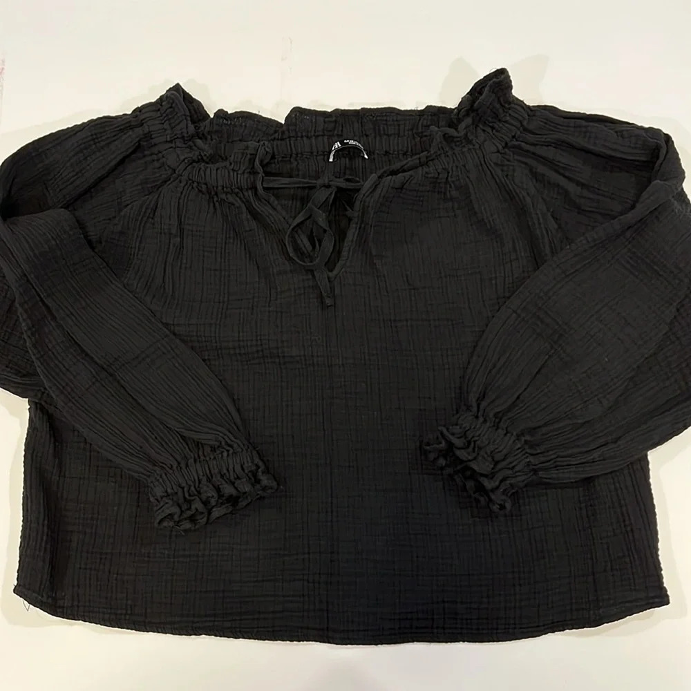 Zara -‎ black, crepe cropped blouse, xs - Picture 8 of 10